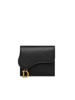 DIOR Saddle Lotus Wallet In Black Grained Calfskin