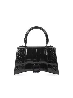 Balenciaga Hourglass XS Handbag Crocodile Embossed With Rhinestones Black