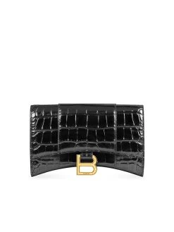 Balenciaga Hourglass Wallet With Chain Crocodile Embossed Leather In Black