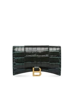 Balenciaga Hourglass Wallet With Chain Crocodile Embossed Leather In Forest Green