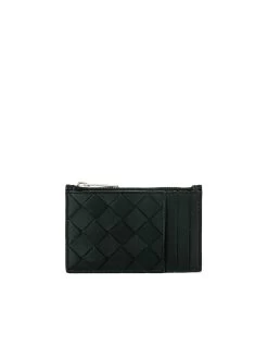 Bottega Veneta Zipped Intrecciato Leather Card Case In Black With Silver Hardware