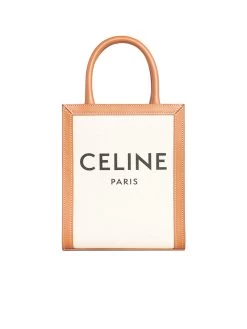 Mini Vertical Cabas Celine In Textile With Celine Print And Calfskin In Tan