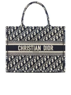 Medium Dior Book Tote In Blue Dior Oblique Embroidery