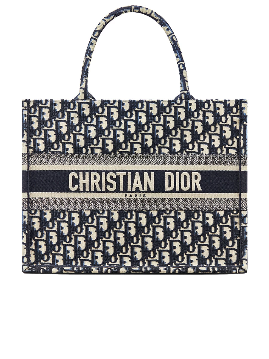 Medium Dior Book Tote In Blue Dior Oblique Embroidery