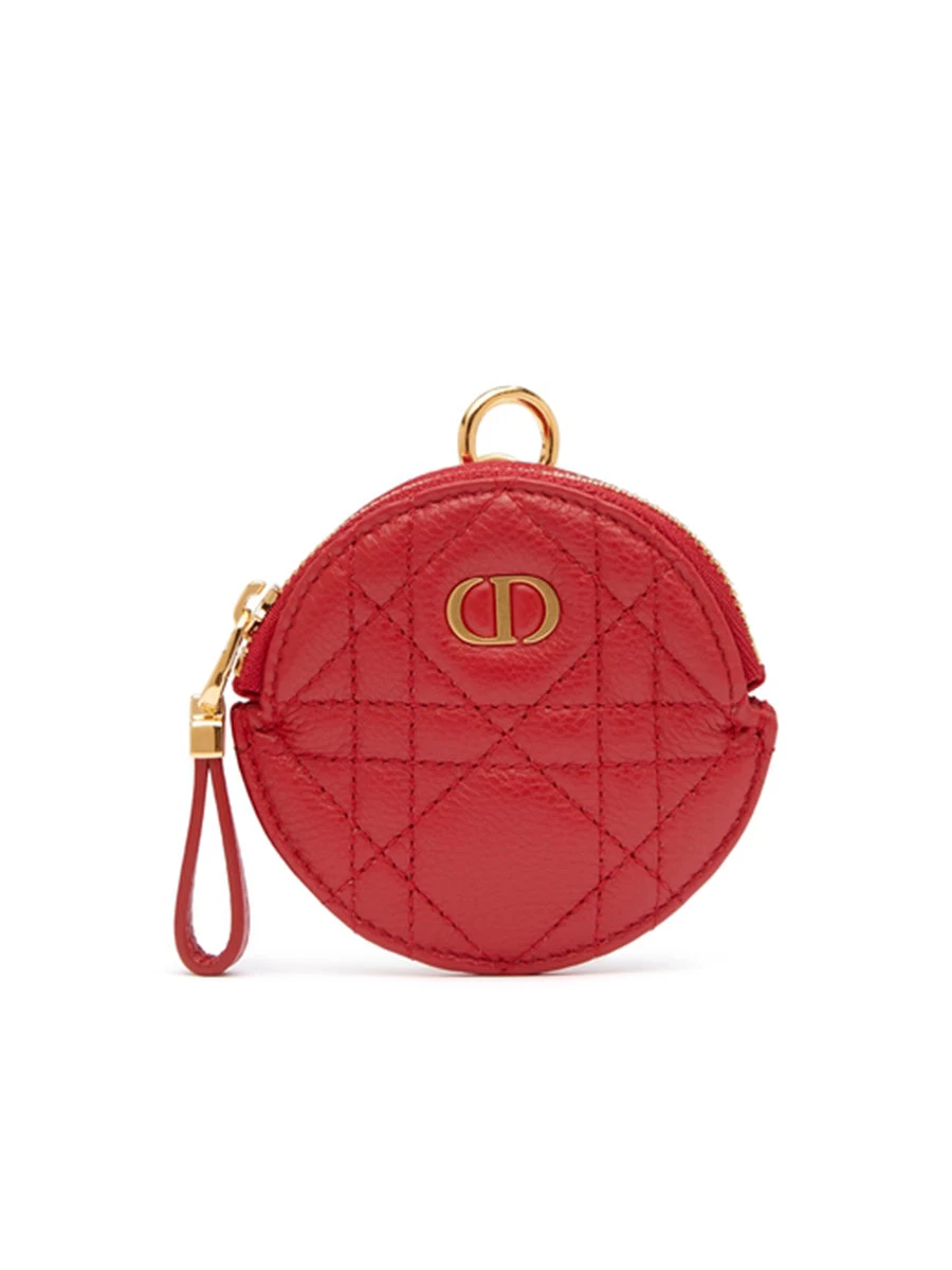 Detachable Dior Caro Coin Purse In Red Cannage Calfskin