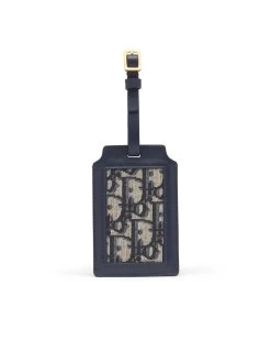 DIOR Leather Luggage Tag In Blue Oblique Jacquard With Hook