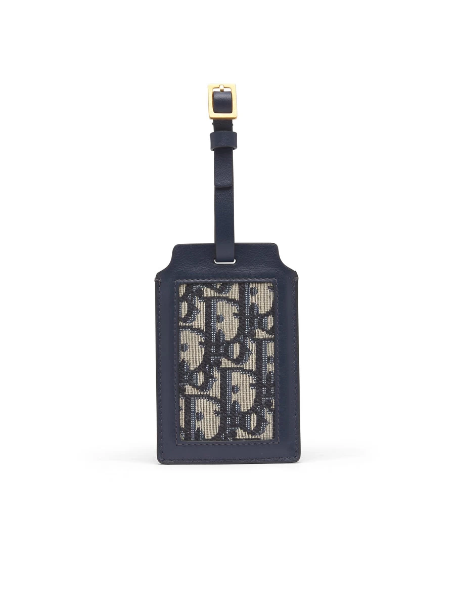 DIOR Leather Luggage Tag In Blue Oblique Jacquard With Hook