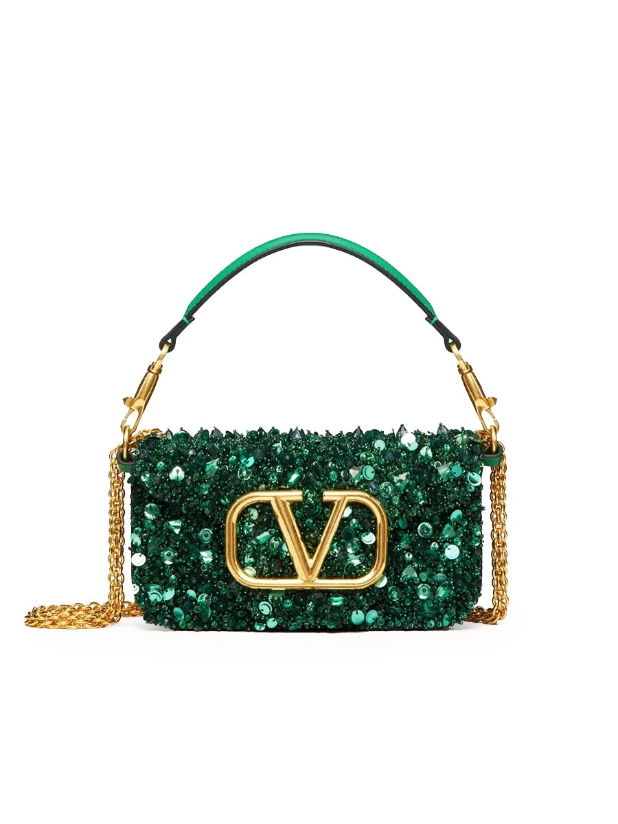 Valentino Garavani Small Loco Shoulder Bag With 3D Embroidery In Antique Green