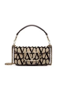 Valentino Garavani Small Loco Toile Iconographe Shoulder Bag In Beige/Black